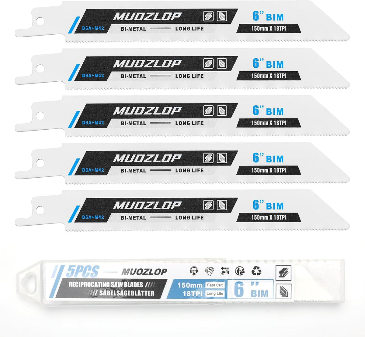 5 Hojas Sierra Recíproca 6pulg 18TPI para Metal con Estuche