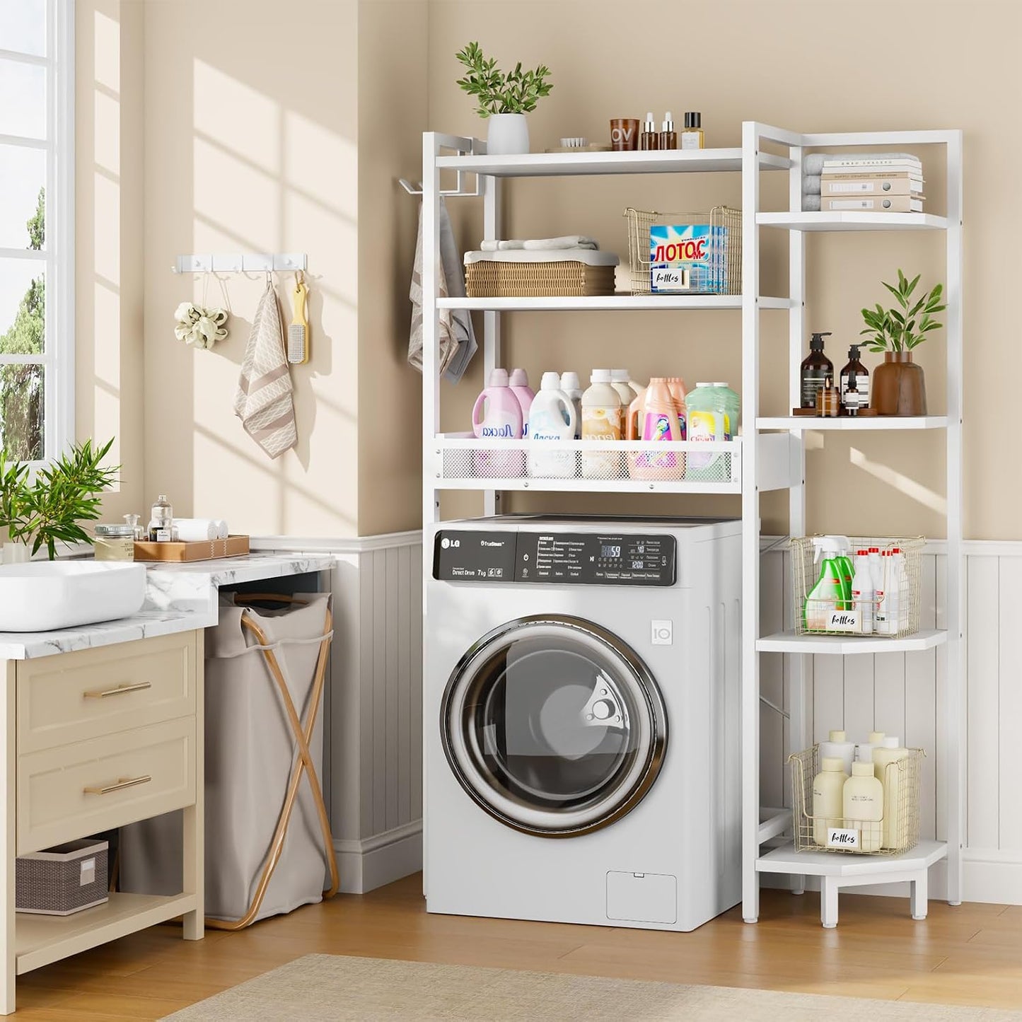 Estantería baño 7 niveles con cesta y gancho para papel