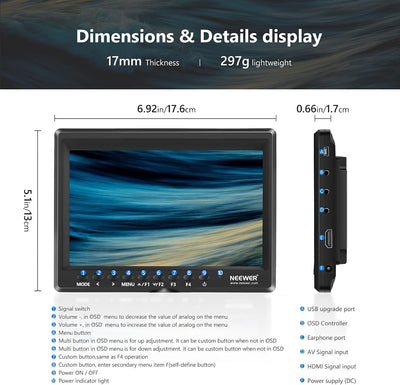 Monitor 7pulg HD 450nit IPS para DSLR con batería F750
