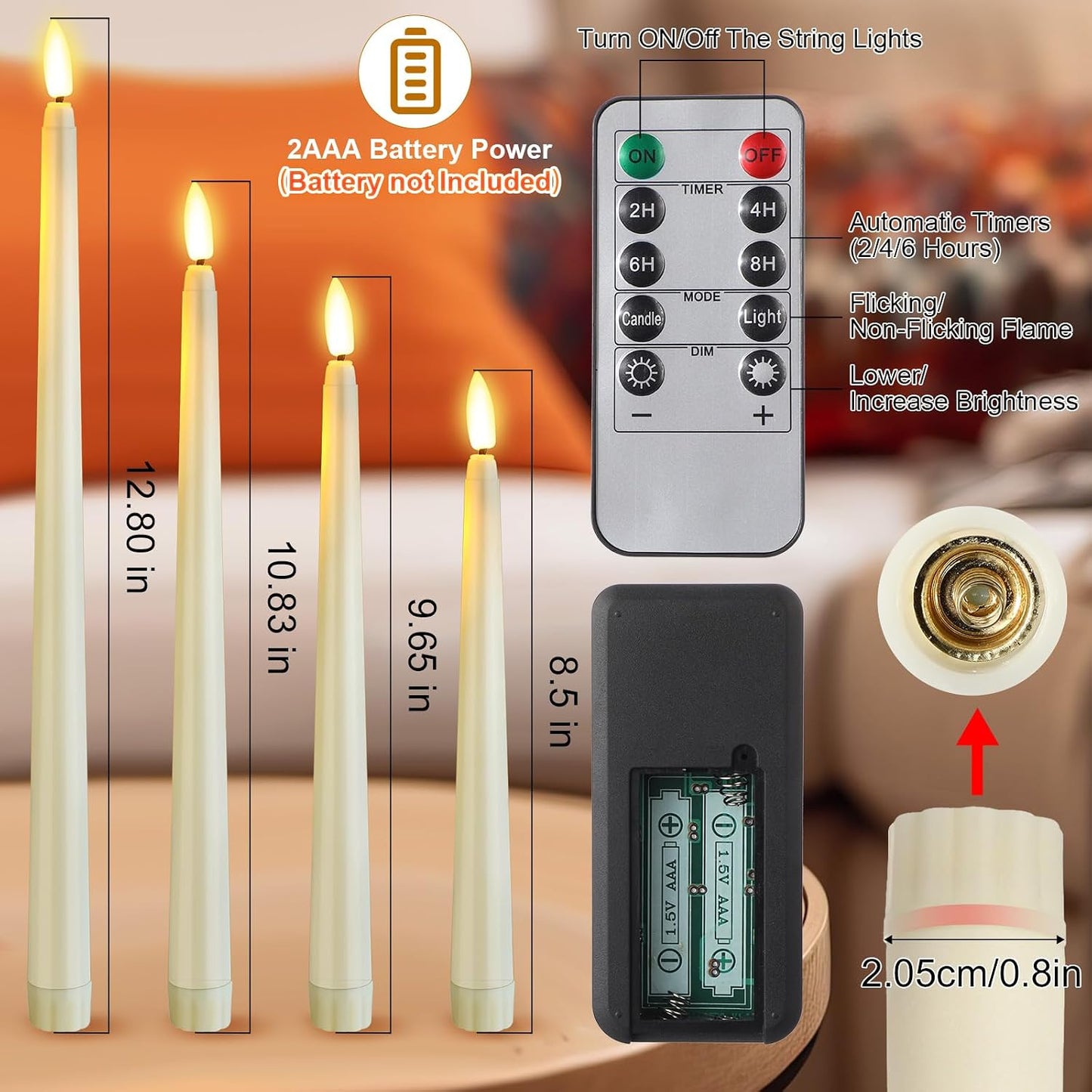 28 Velas Cónicas LED Parpadeantes 8.5-12.8pulg Blanco Cálido
