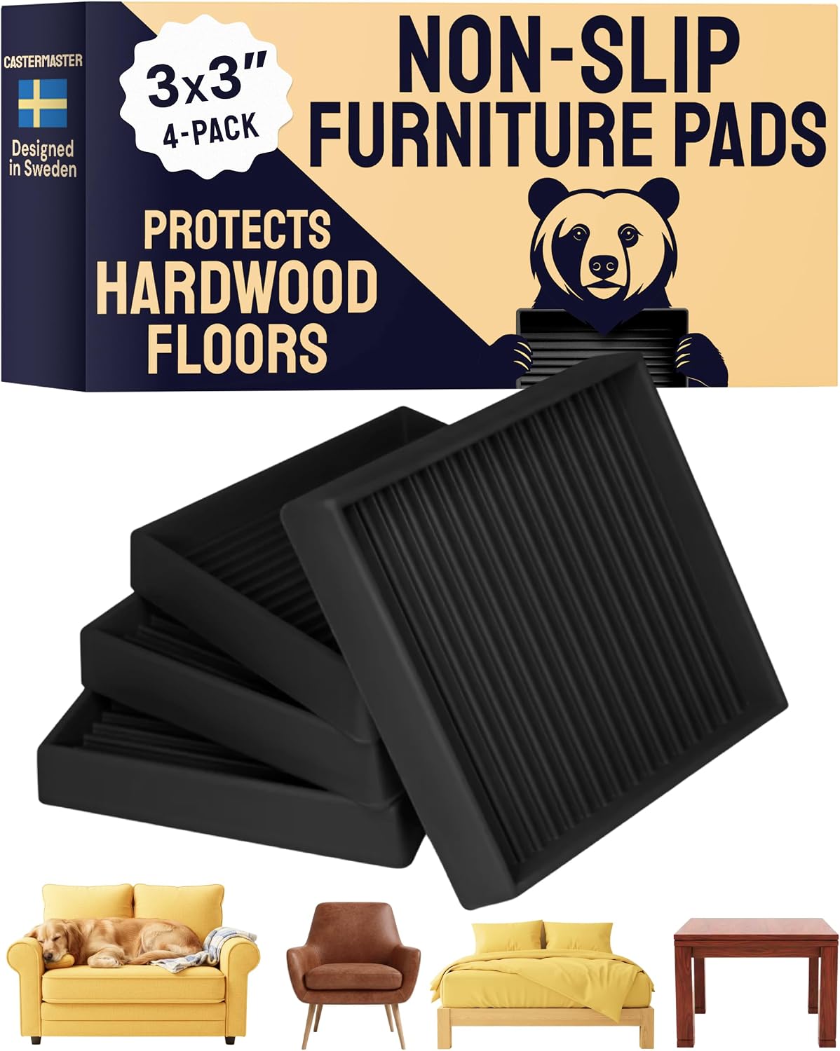 Protectores de suelo goma 3x3pulg pack 4 para madera dura