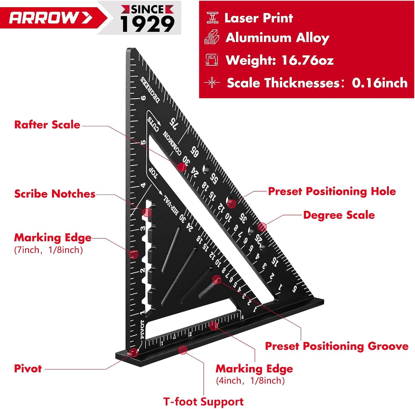Regla triangular de aluminio Arrow 17,78 cm carpintería