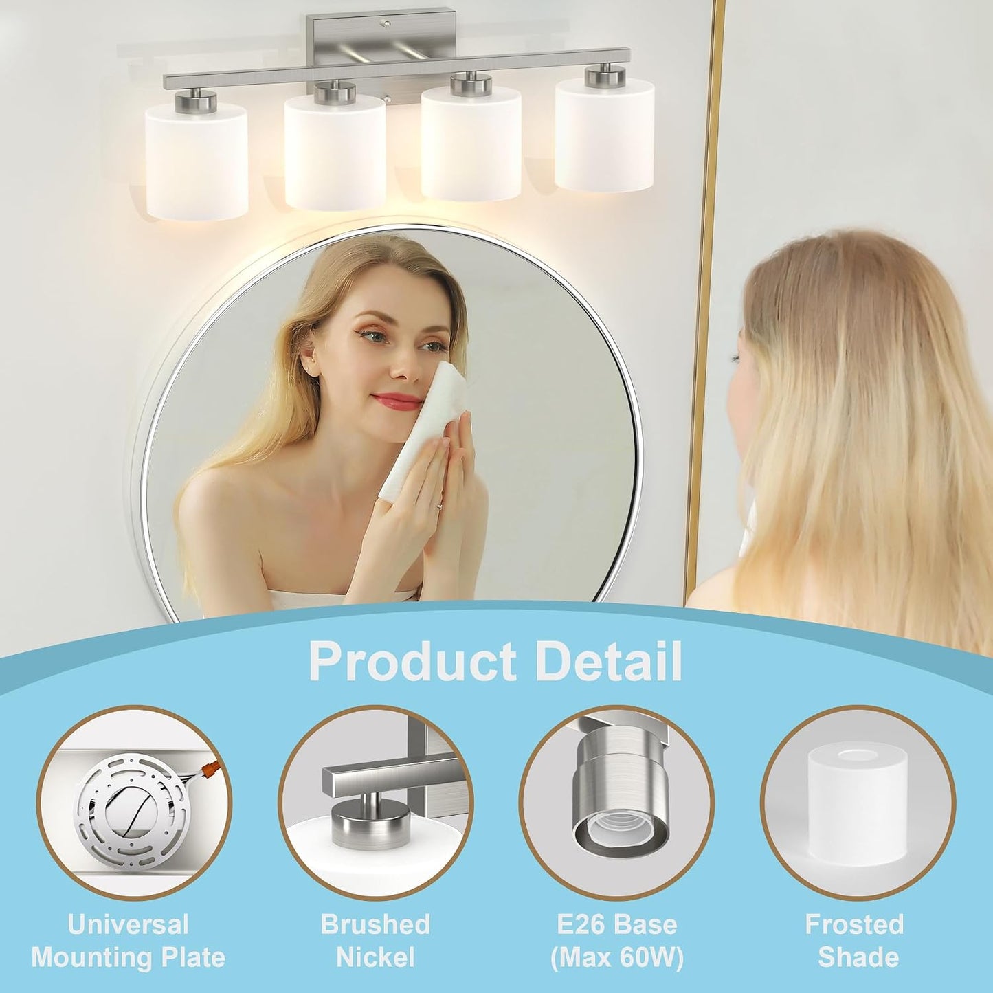 Lámpara tocador baño 4 luces níquel cepillado moderna e26