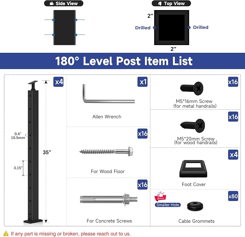 4 Postes Barandilla Cable Negro 36pulg Acero Inox T304