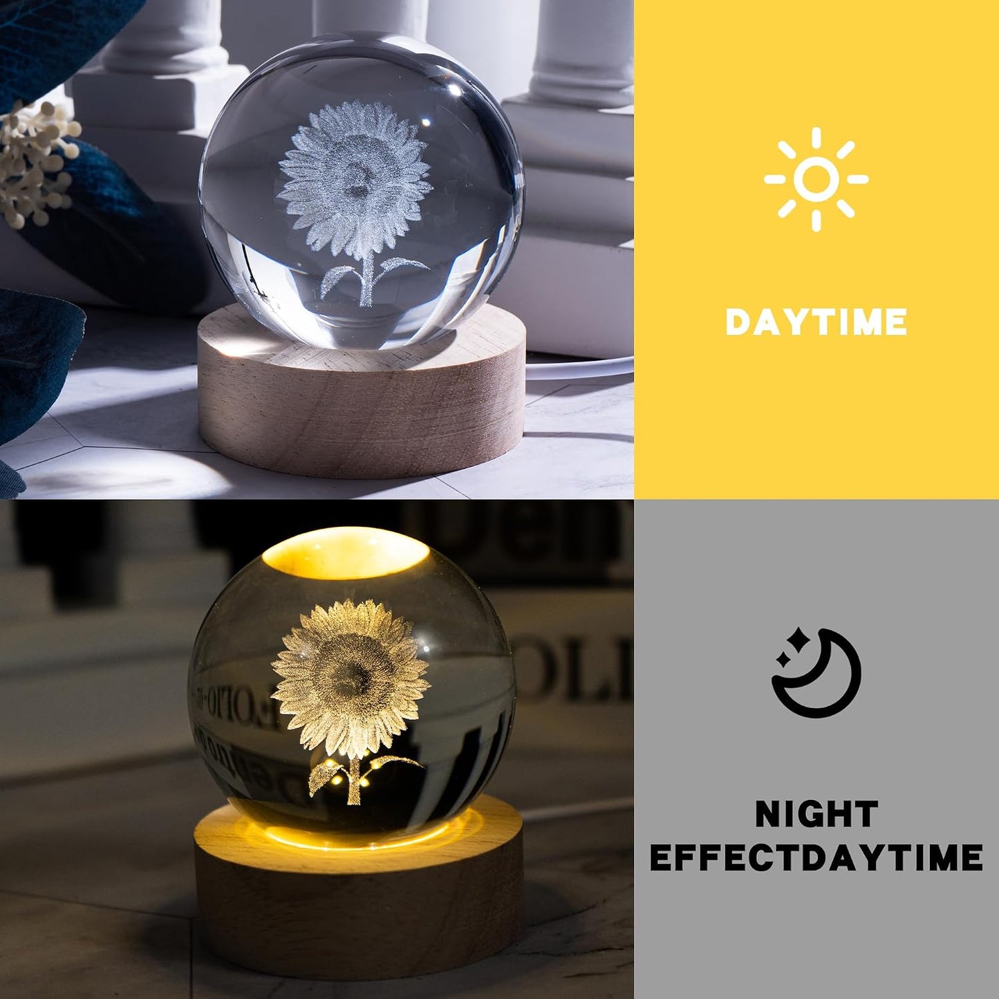 Bola cristal girasol grabada 3D luz nocturna decoración