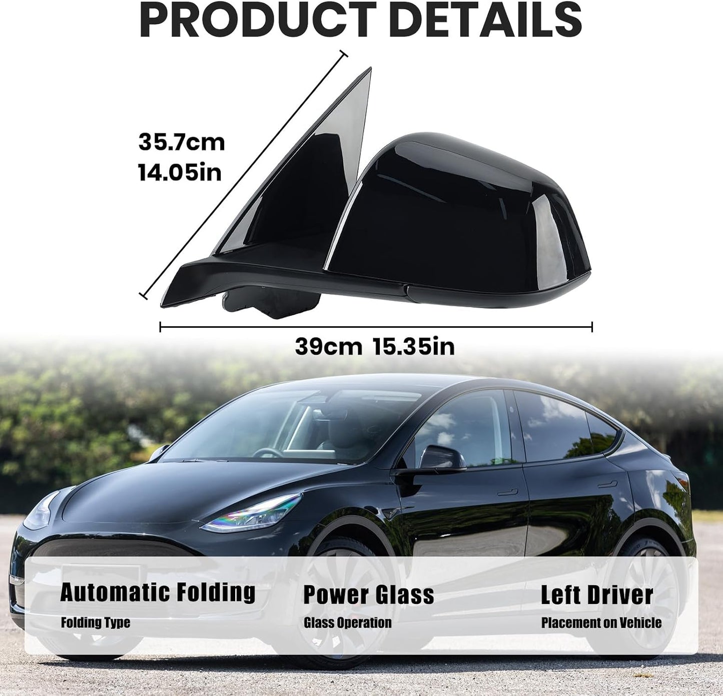 Espejo lateral Tesla Model Y 20-24 negro con calefacción