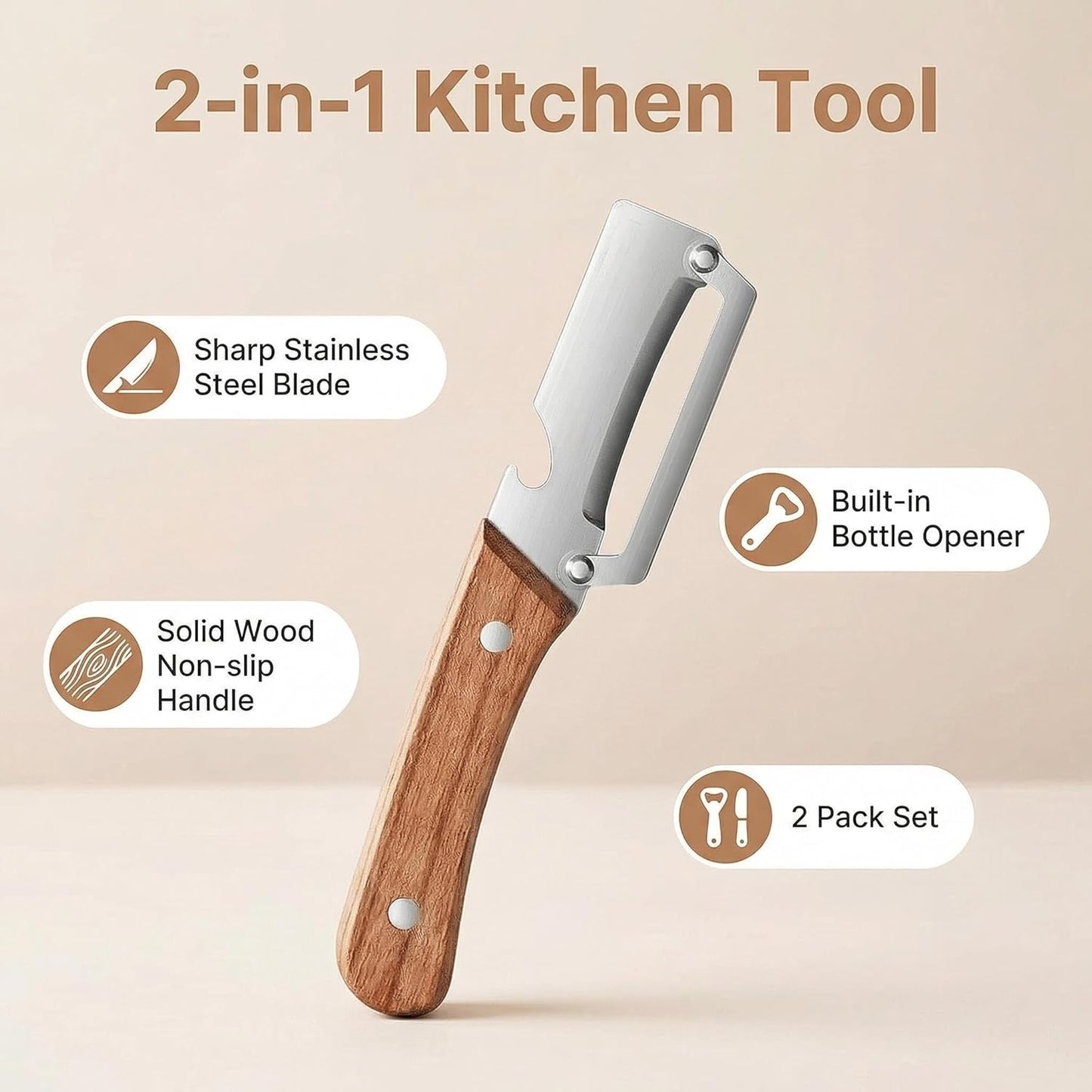 Pelador multifuncional con mango madera y hoja acero inox