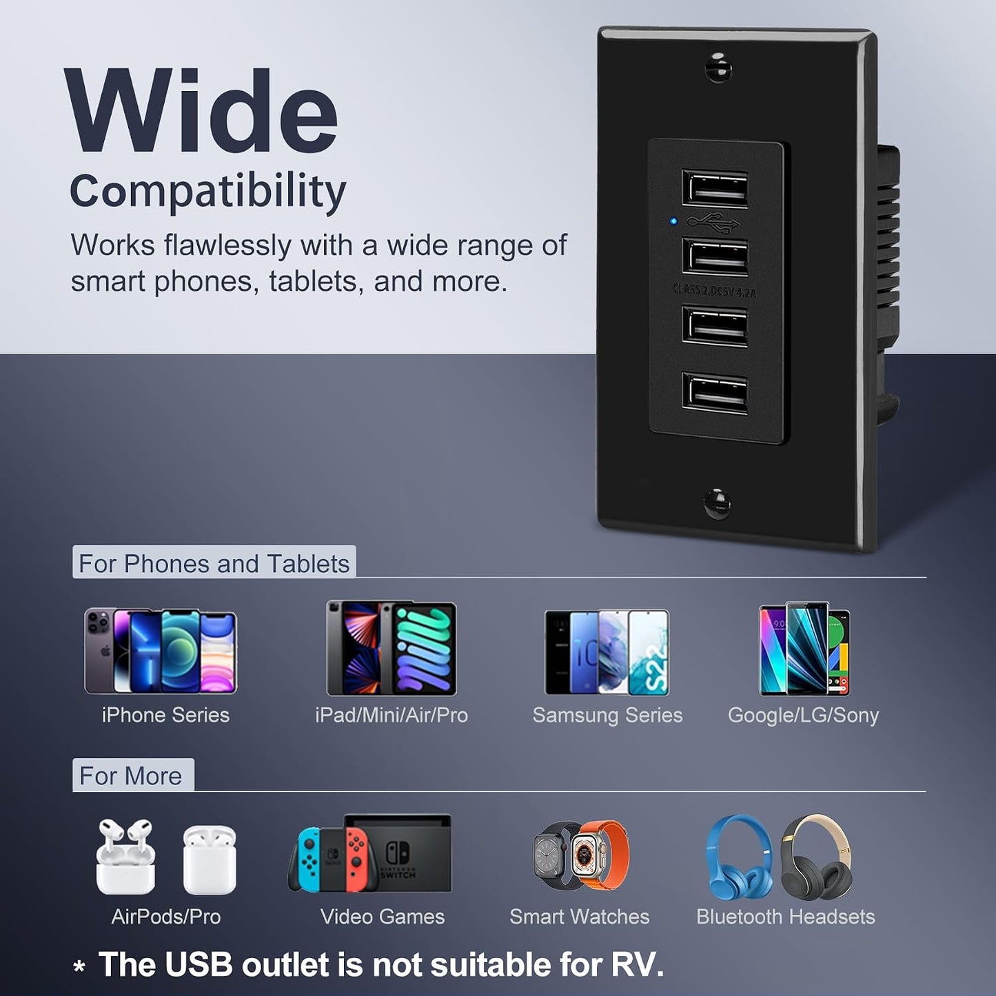 Tomacorriente pared con 4 puertos USB 4.2A LED