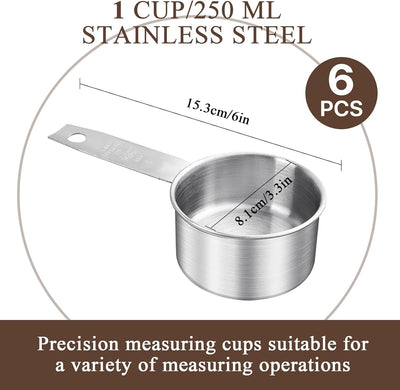 6 Tazas Medidoras Acero Inox 8.5oz con Cucharas Grabadas