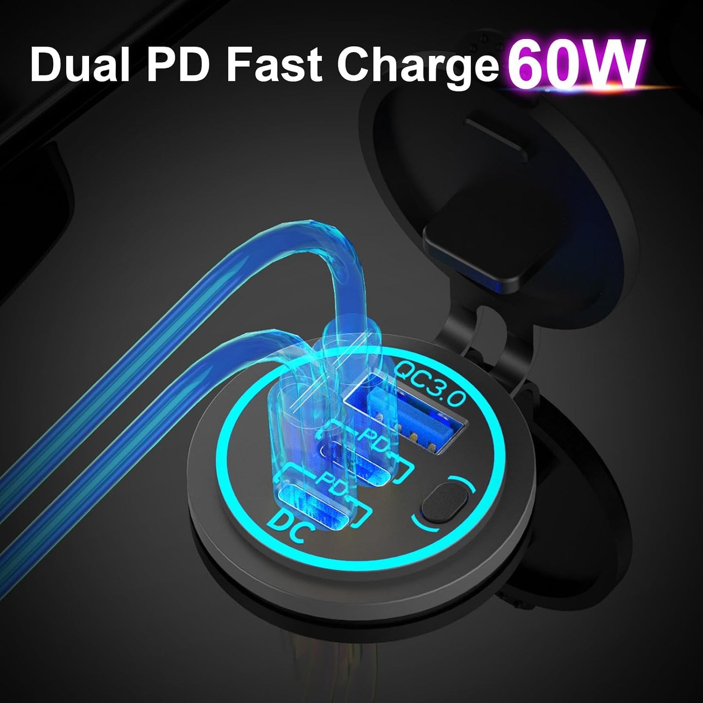 Cargador coche USB C 78W dual PD 30W QC18W impermeable