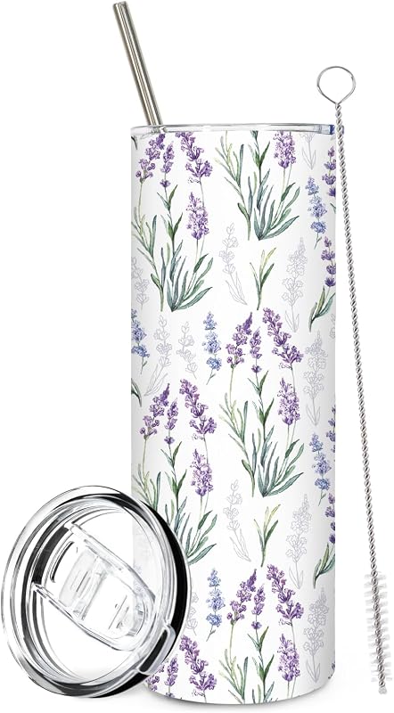 Vaso floral lavanda acero inox 20oz con popote