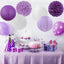 Faroles papel colgantes morado y blanco pompones 15uds fiesta