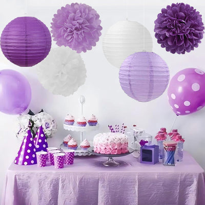 Faroles papel colgantes morado y blanco pompones 15uds fiesta