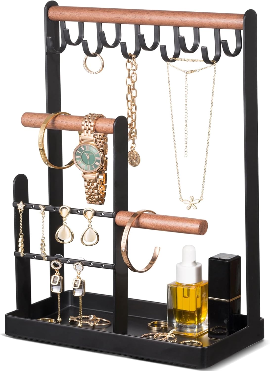 Soporte joyas 4 niveles con bandeja anillos y 10 ganchos