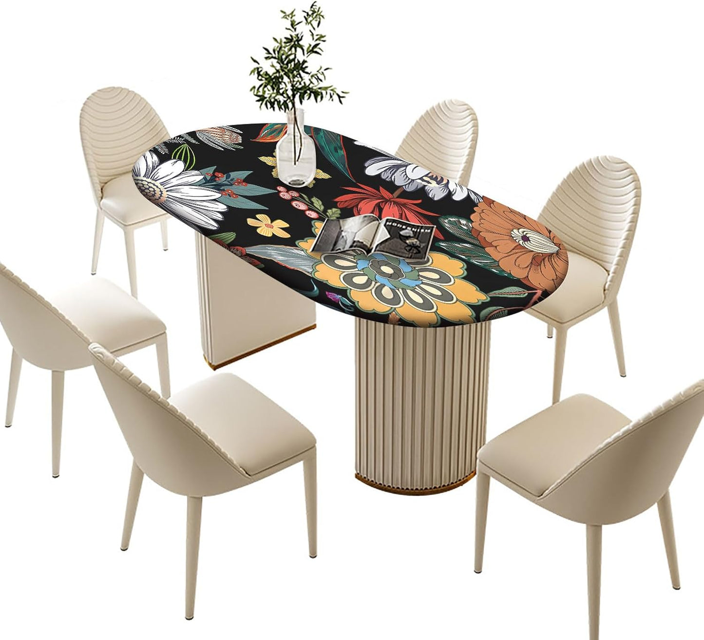 Mantel ovalado boho floral negro elástico para mesa comedor