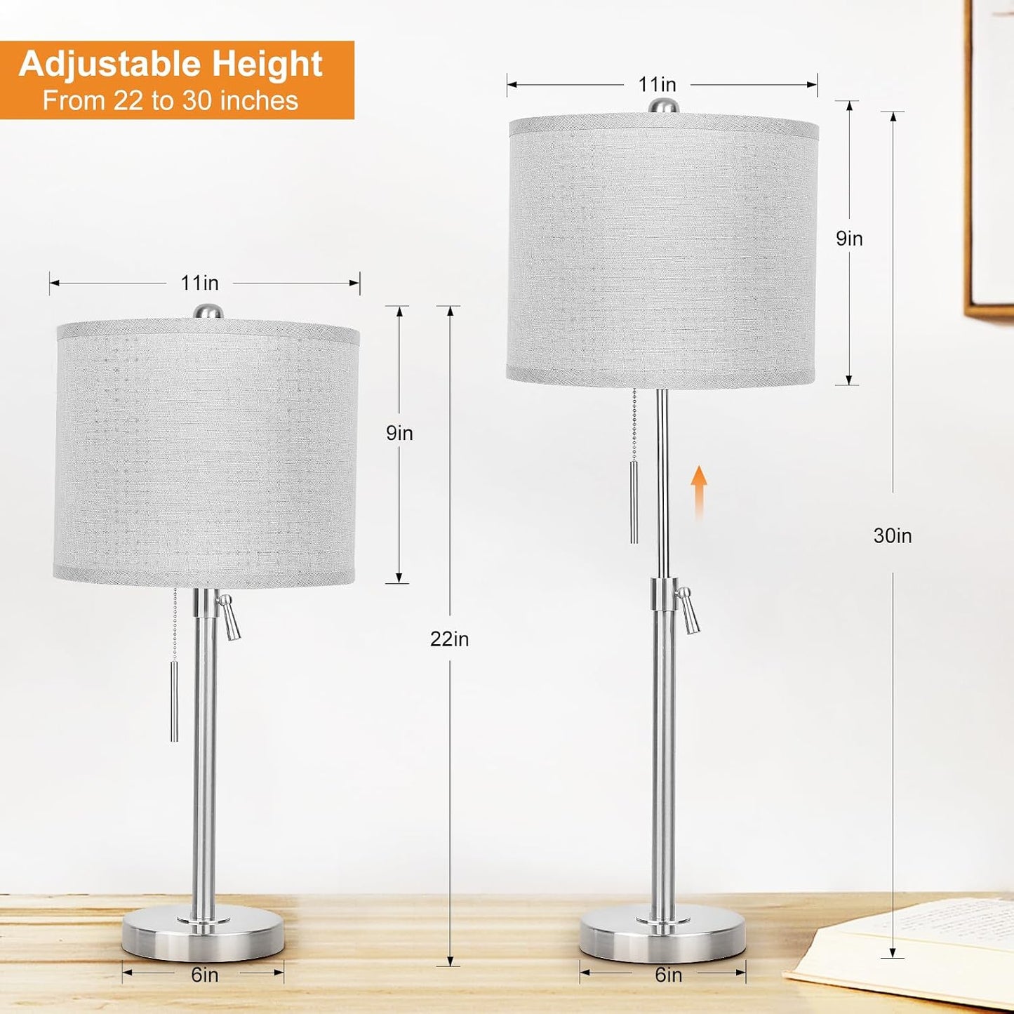 2 Lámparas Mesa Dormitorio 22-30" Lino Interruptor Cadena