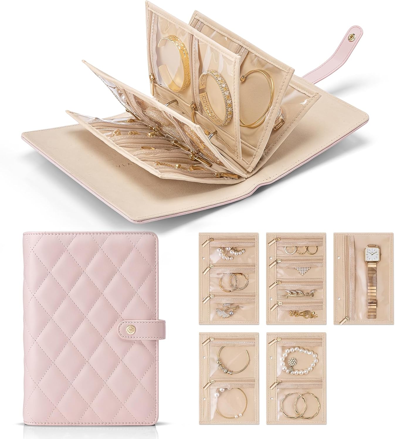 Estuche joyas cuero PU con bolsa terciopelo cremallera rosa