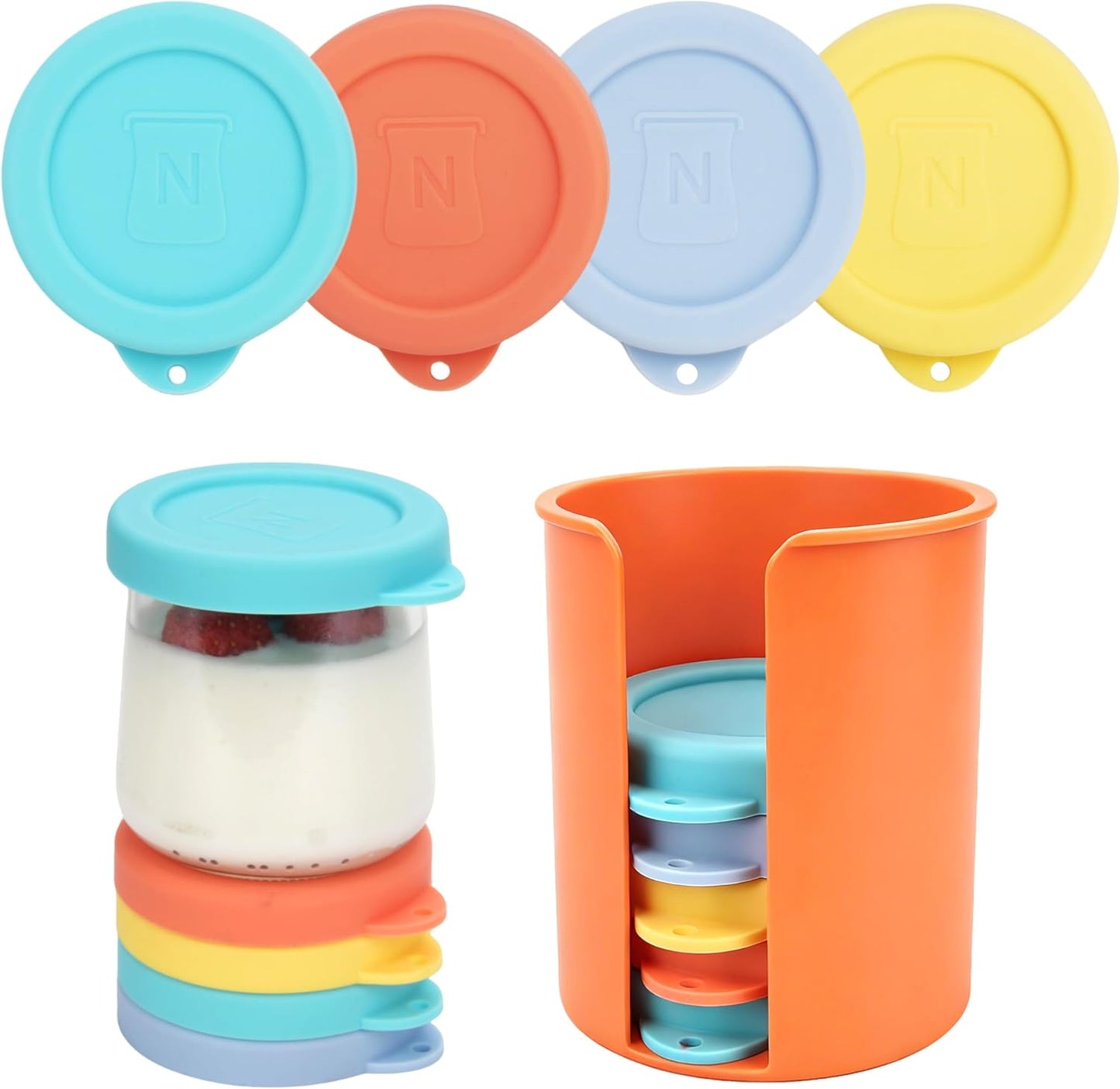 8 Tapas Silicona Oui con Organizador Frascos Reutilizables
