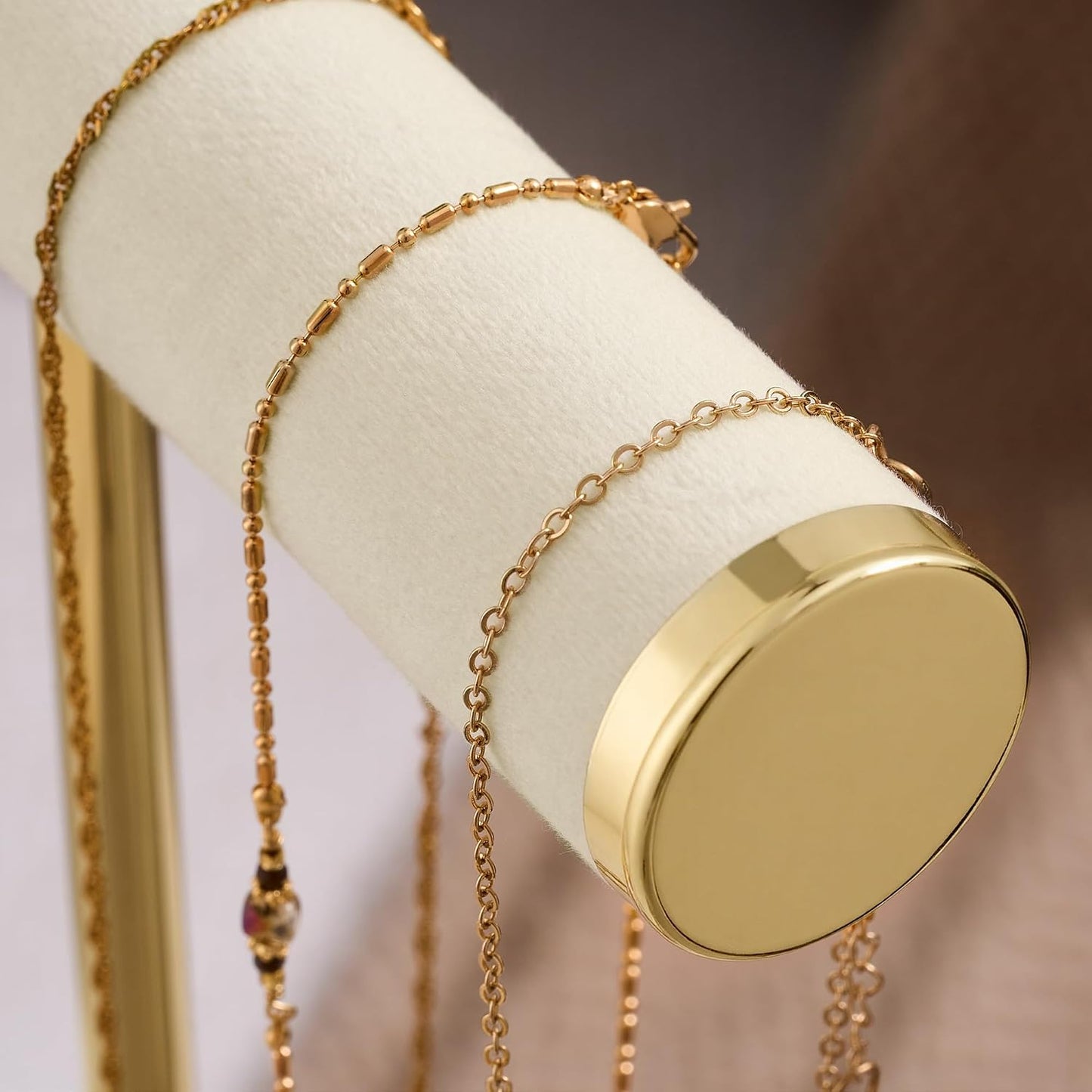 Soporte terciopelo barra T 3 niveles para joyas beige