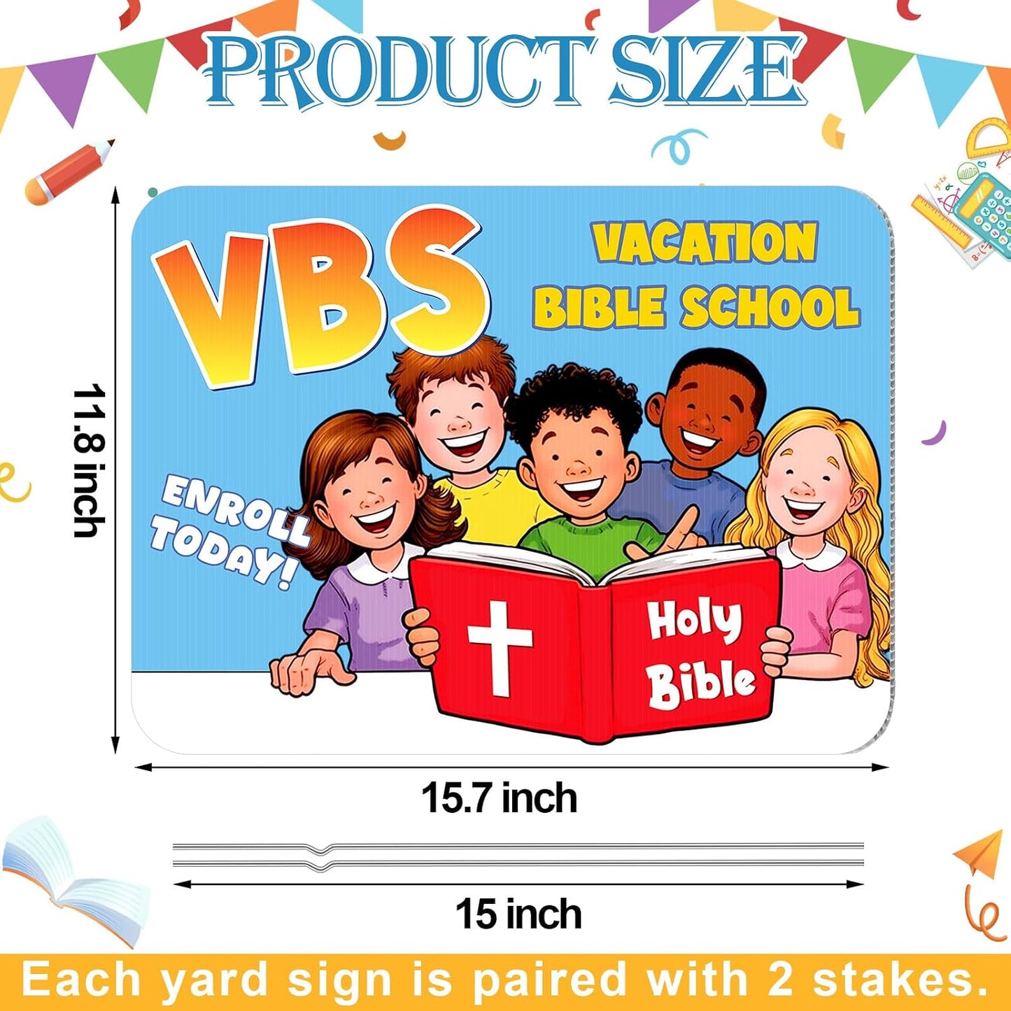 Set 3 letreros VBS 12x16pulg plástico corrugado azul y rojo