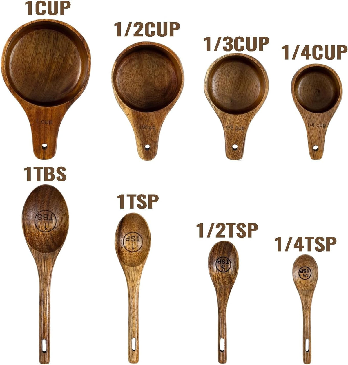 Juego tazas y cucharas medidoras madera acacia grabadas