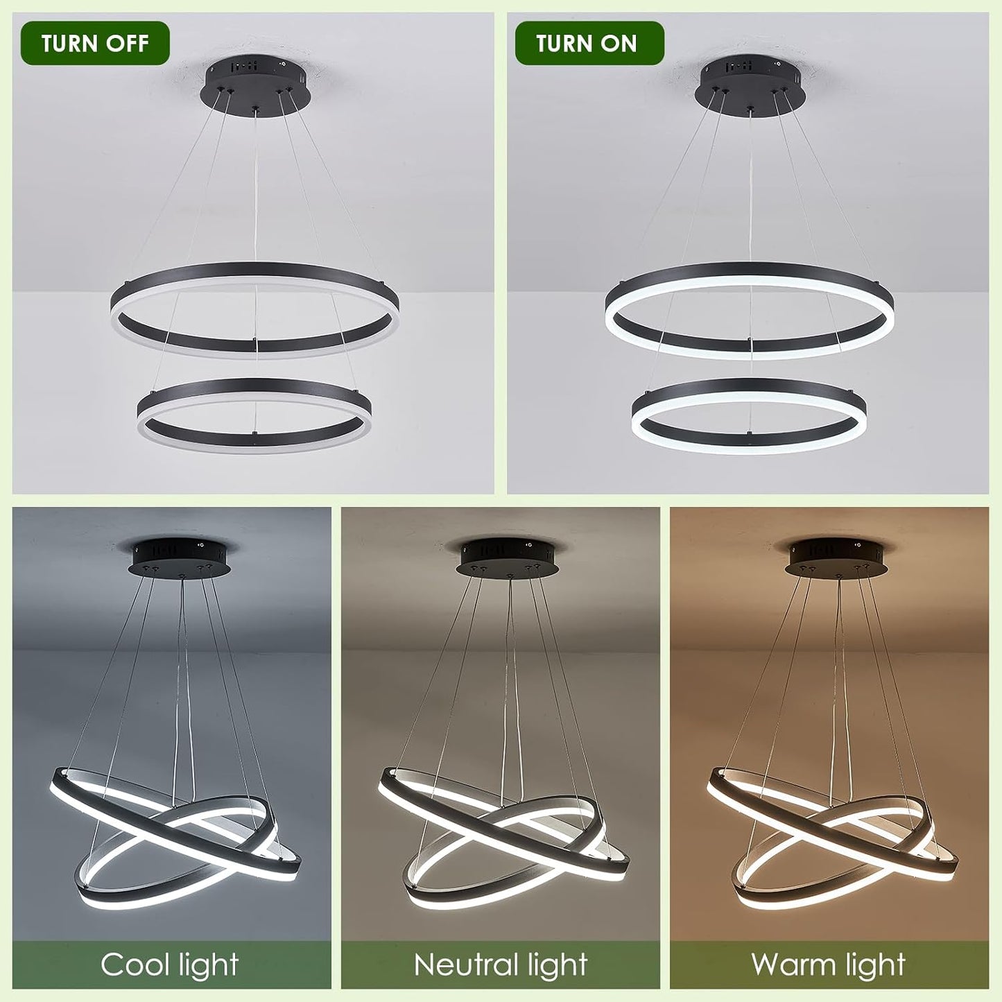 Candelabro LED 2 anillos negro para comedor sala entrada