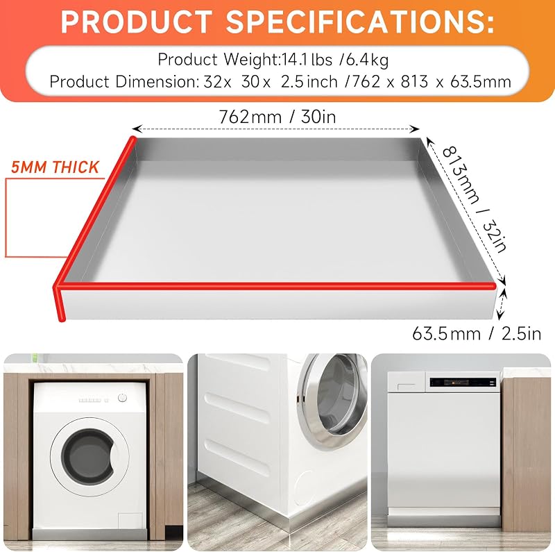 Bandeja lavadora acero inox 304 32x30" drenaje protege piso