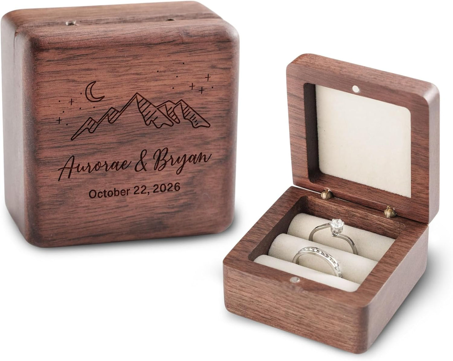 Caja madera nogal para anillos boda 2 ranuras vintage