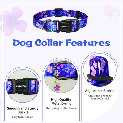 Collar para perro ajustable de nylon con flores moradas