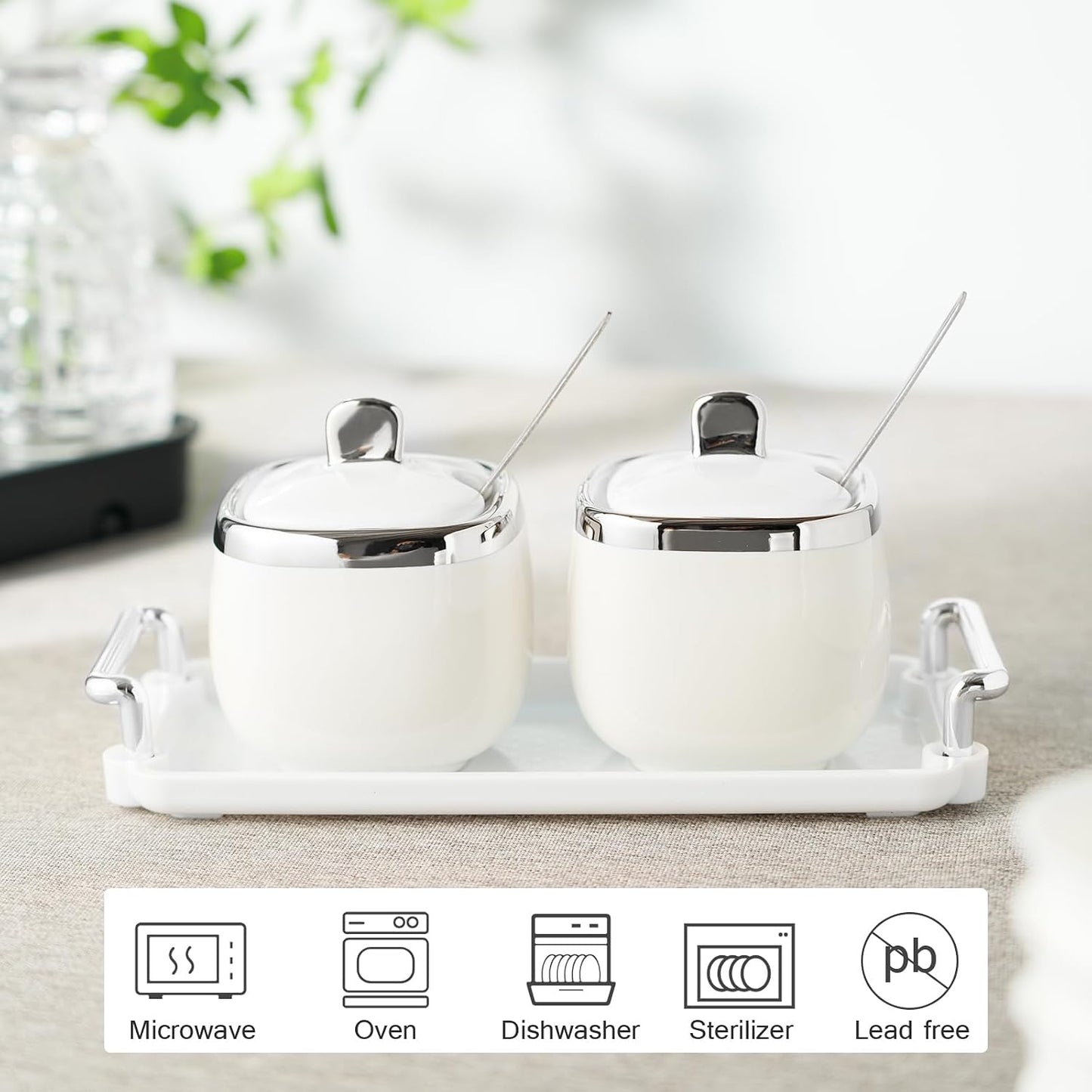 Azucarero cerámica set 2 con bandeja cuchara tapa plateado