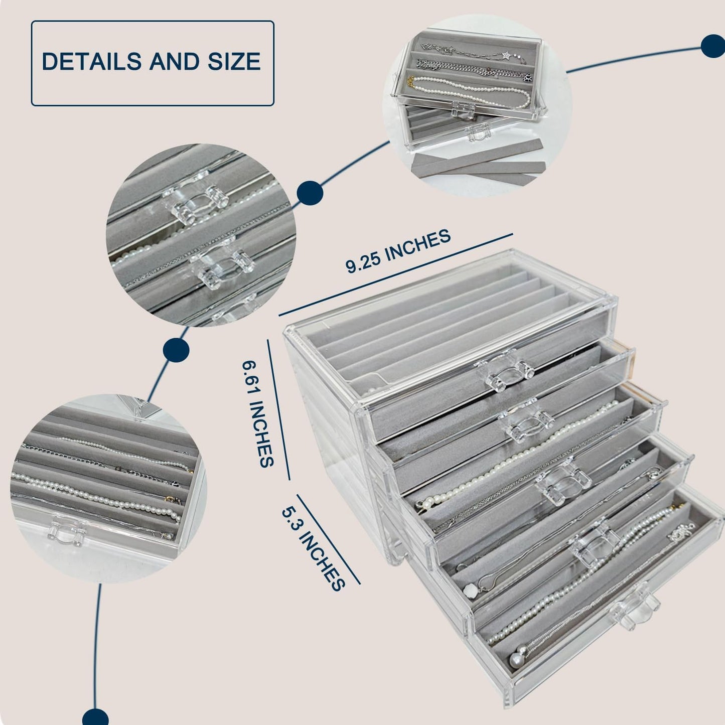Caja organizadora collares 5 cajones terciopelo gris