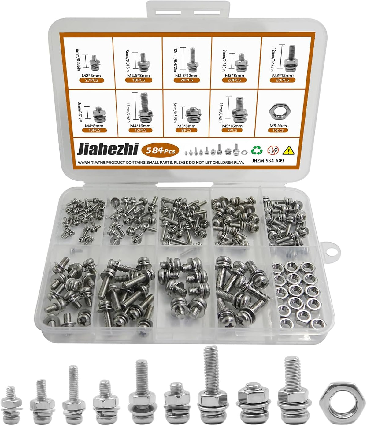 Kit 584 piezas métricas acero inox M2-M5 para reparaciones