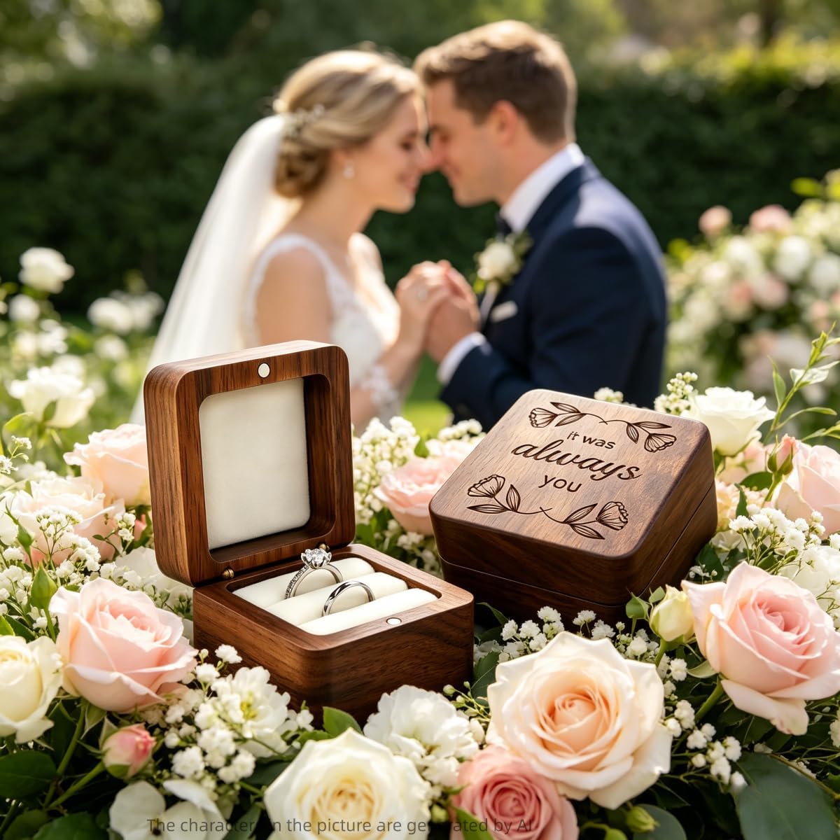 Caja madera soporte anillos boda grabado flora