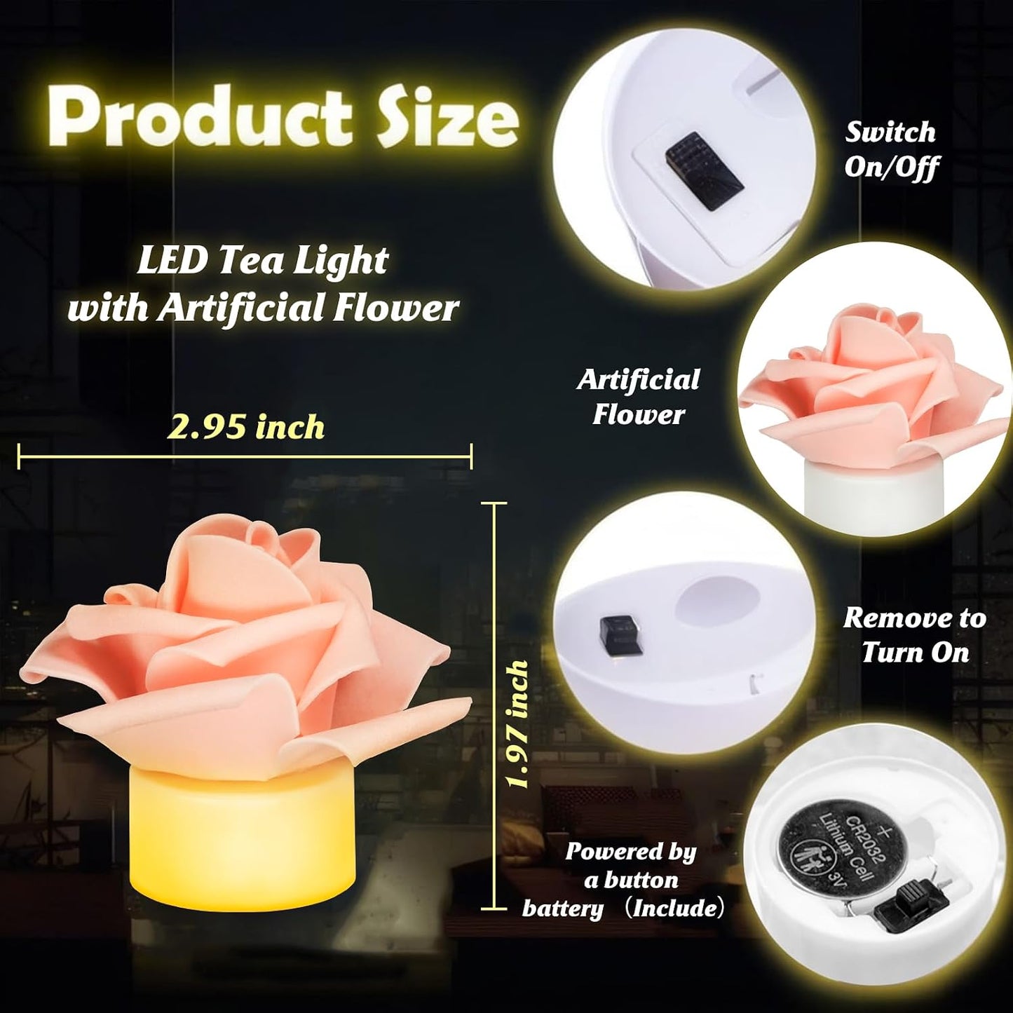 12 Velas LED con Flores Artificiales Rosa para Mesa Centrada