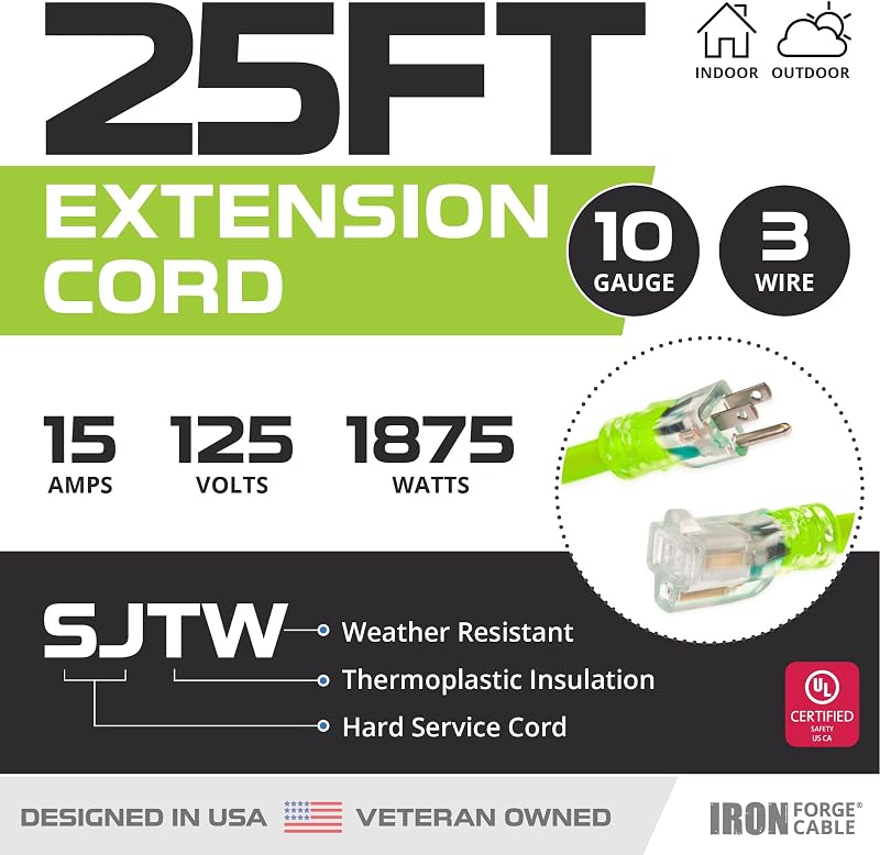 Cable extensión 10/3 25pies SJTW verde con extremo iluminado