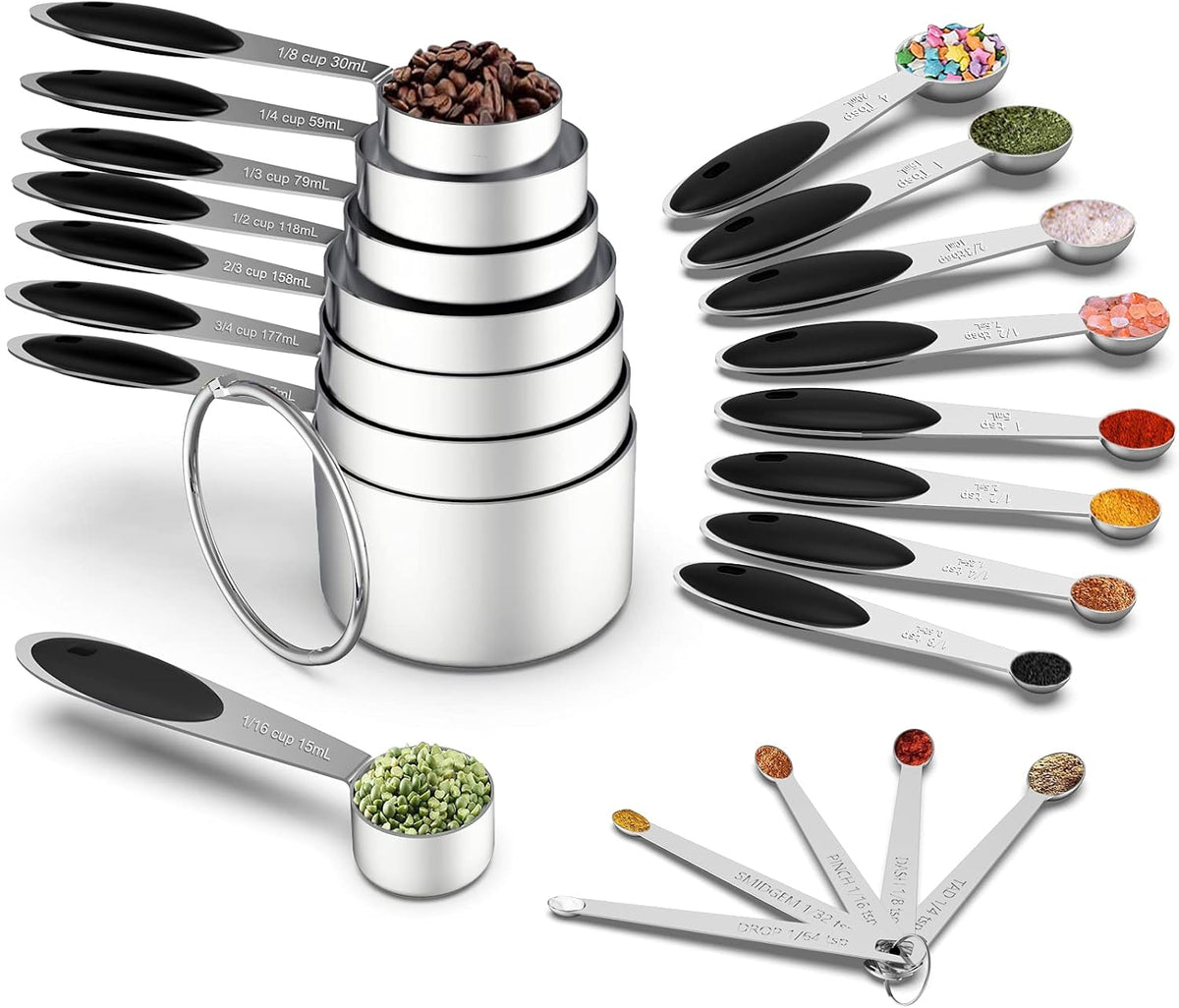 Set 21 Pzas Tazas y Cucharas Acero Inox 8 Tazas 5 Mini