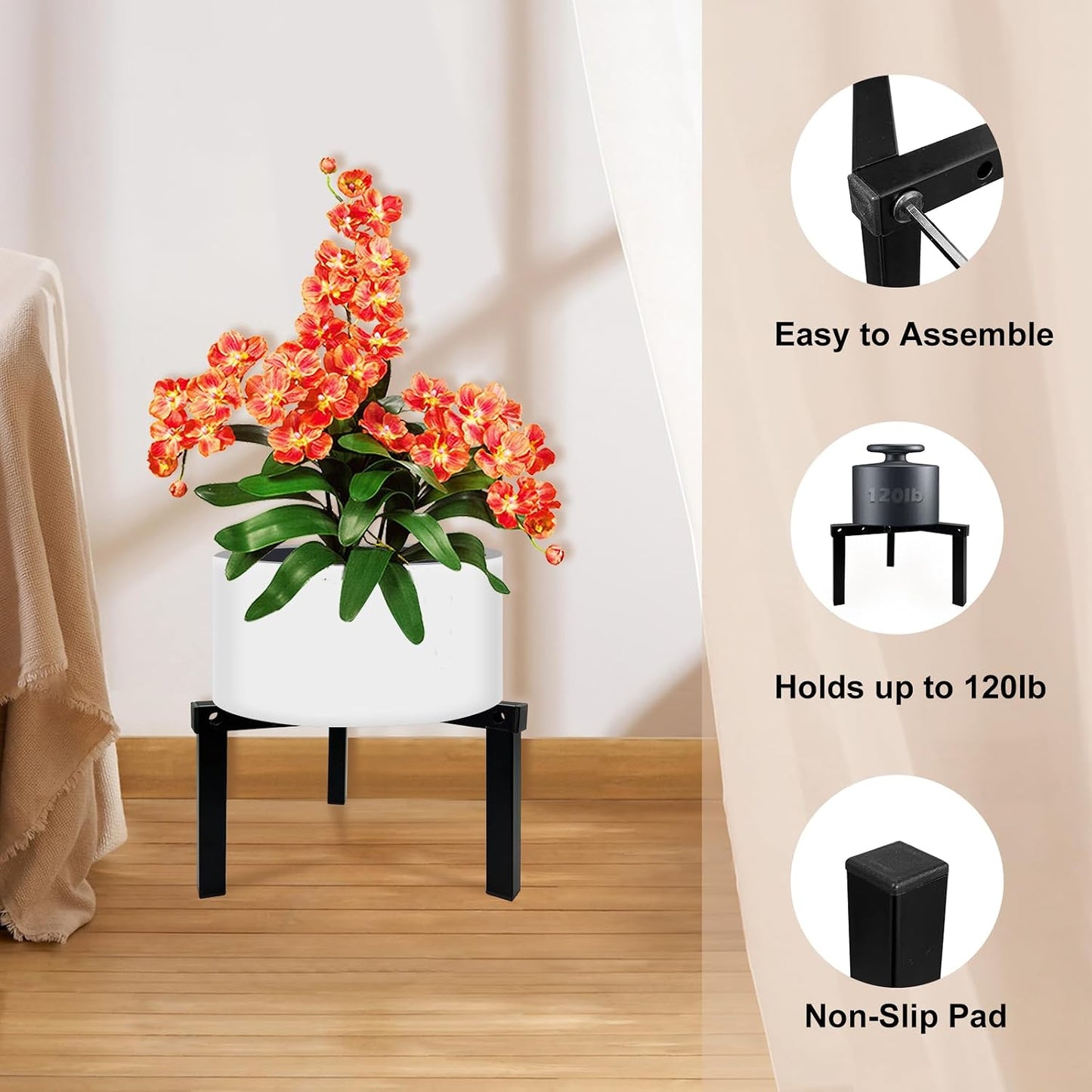 Soporte metal ajustable 3 patas para maceta 5-10pulg negro