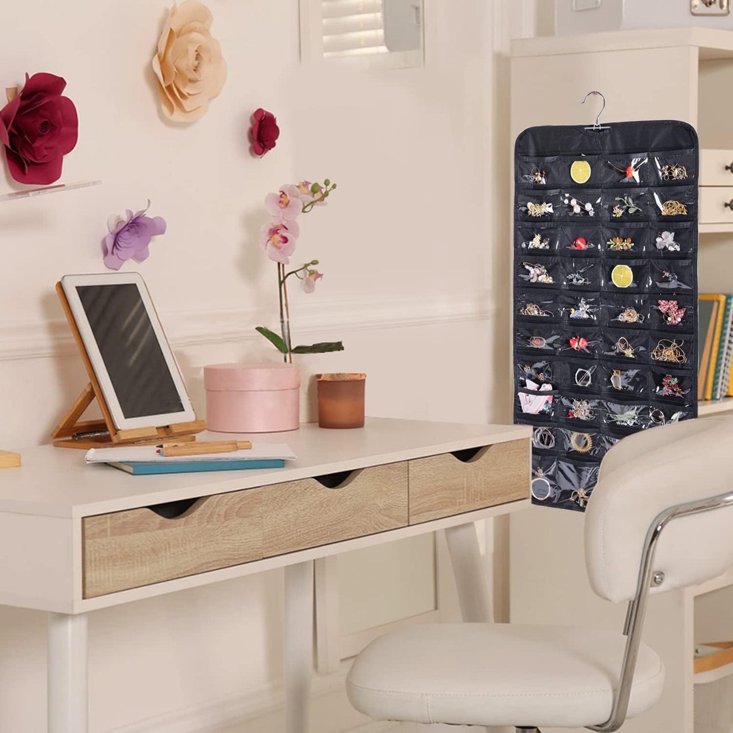 Organiz. joyas colgante 80 bolsillos tela 2 capas negro
