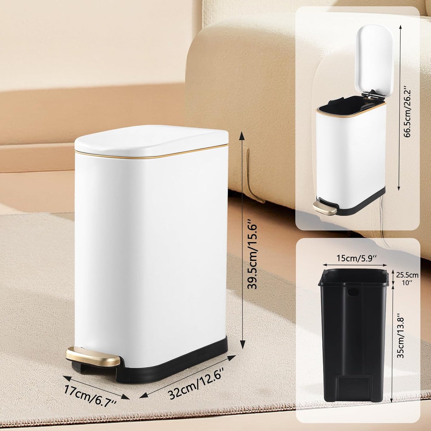 Basurero baño acero inox 3.5gal tapa suave cubo extraible