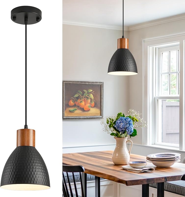 Lámpara colgante industrial de madera maciza con cúpula negra