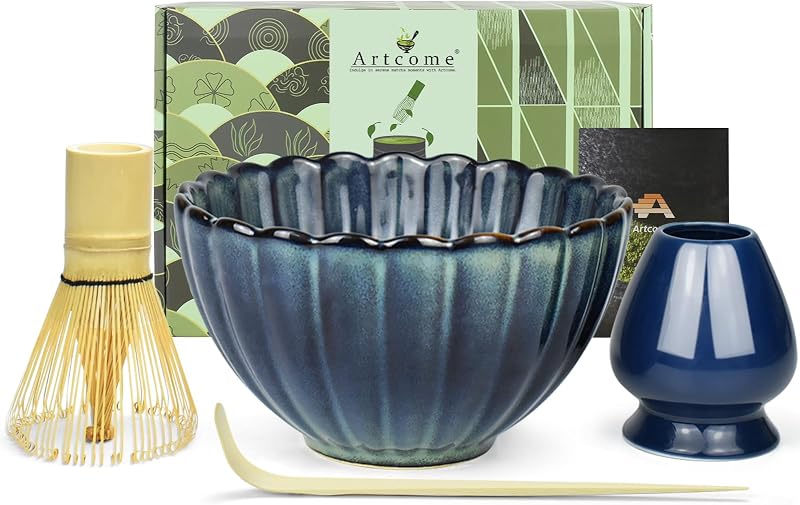 Juego té matcha cuenco 17oz batidor bambú cuchara soporte azul gris