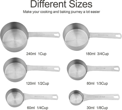 6 Tazas Medidoras Acero Inox 18/8 para Cocina y Hornear