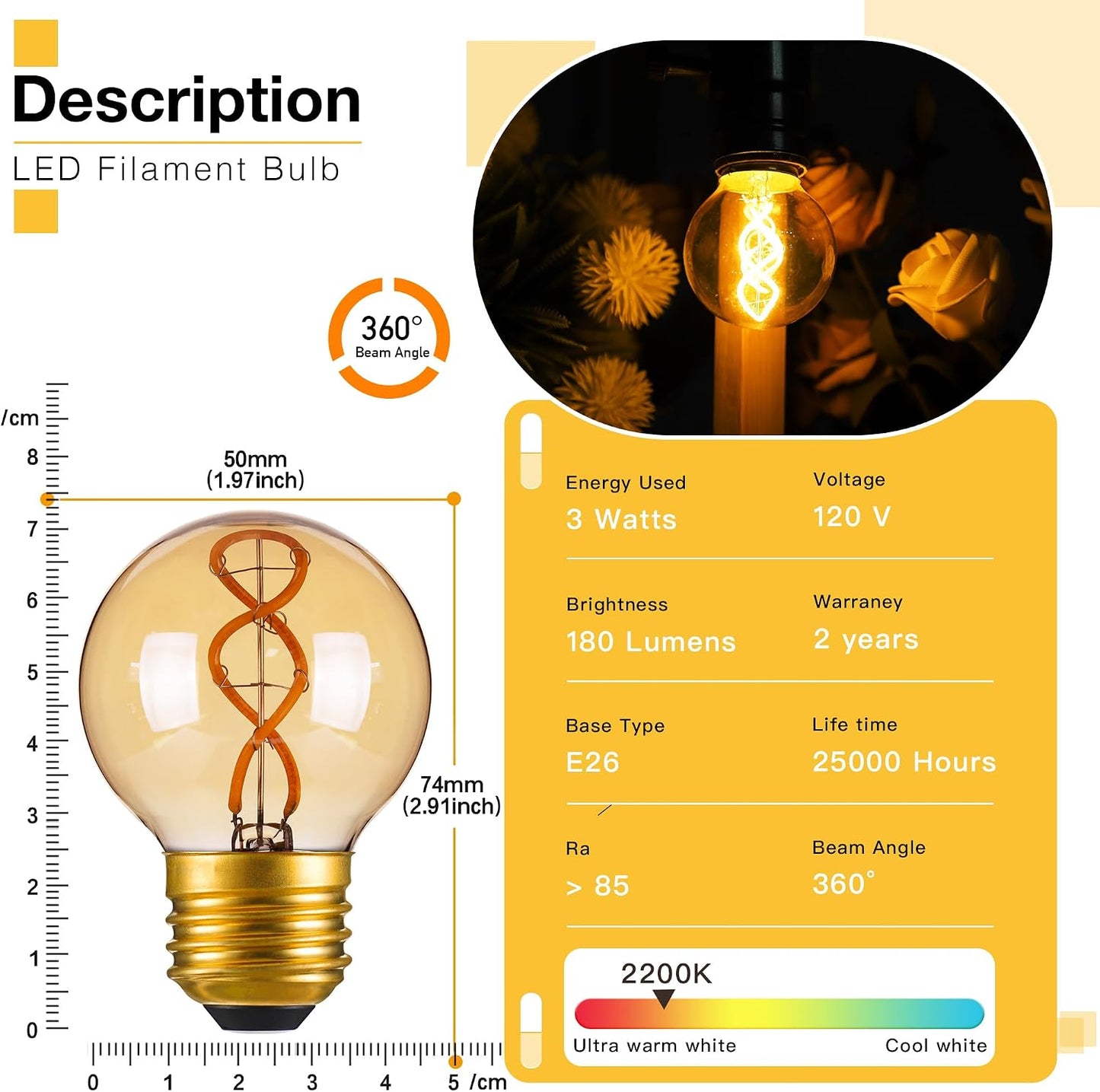 Bombilla LED ámbar E26 regulable equivalente 25W 3W G16.5/G50