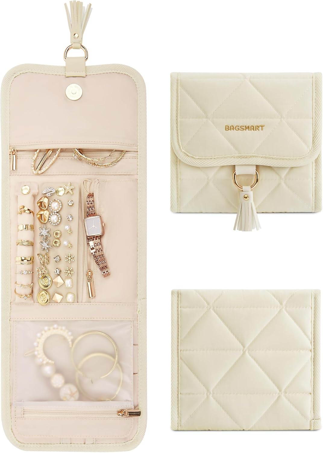 Estuche plegable organiz. joyas viaje beige