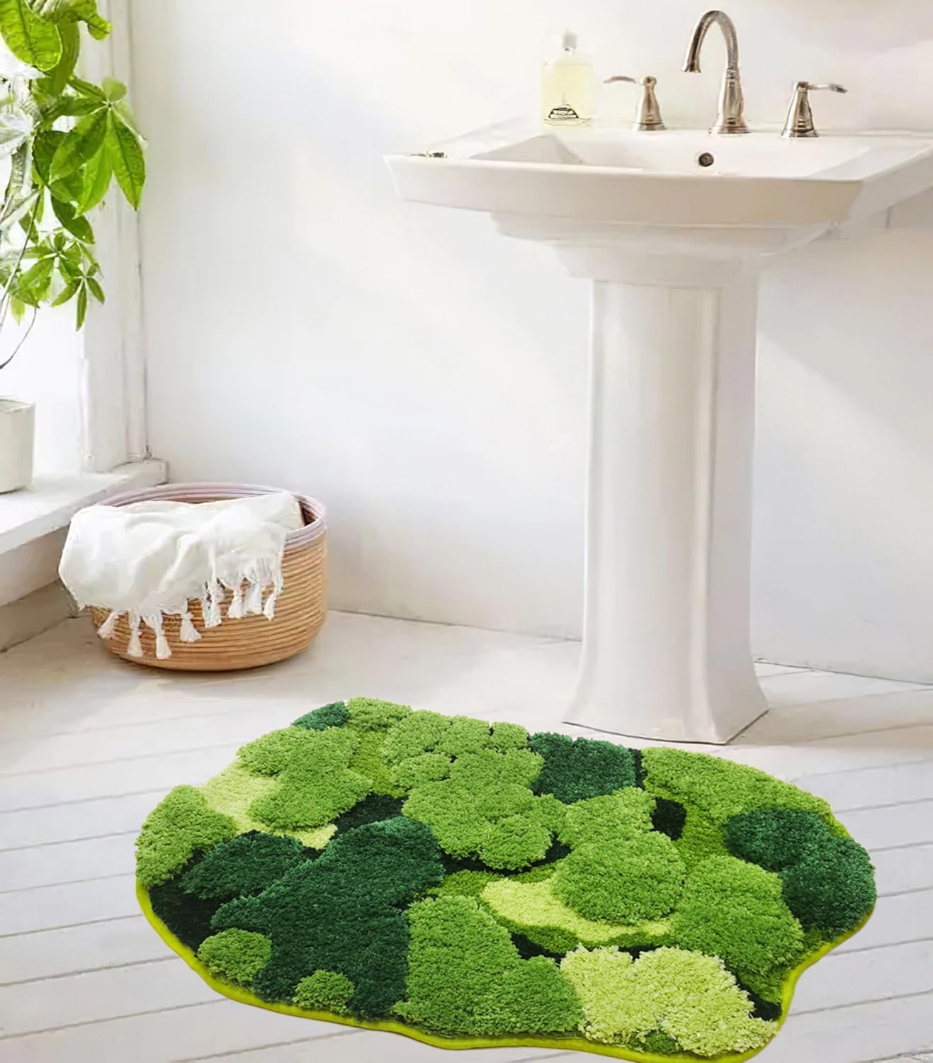Alfombra baño musgo verde shag antiderrap lavable boho
