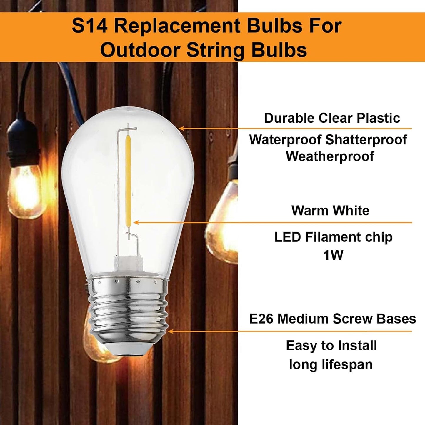 Bombilla LED S14 E26 2200K 1W blanco cálido impermeable