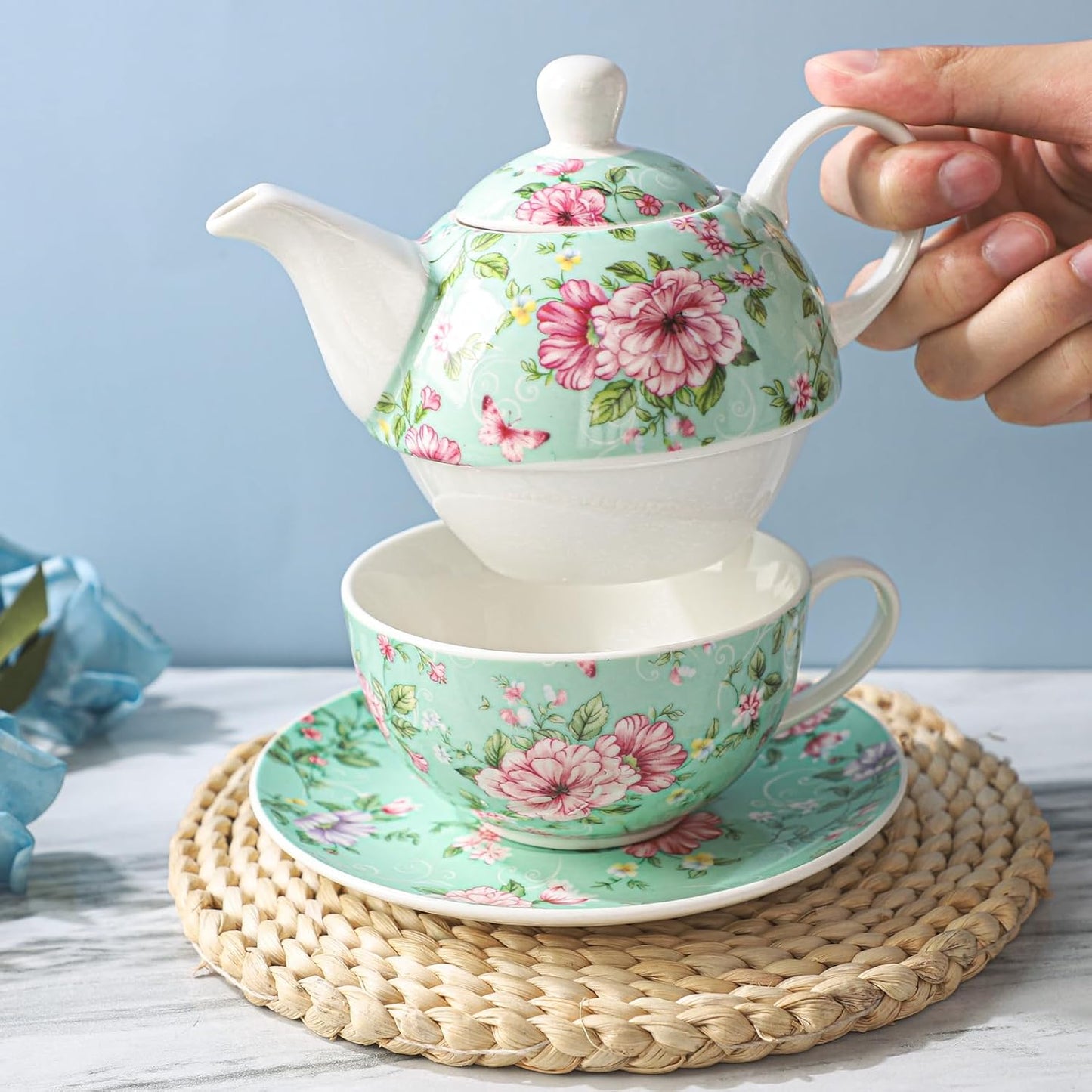 Set tazas té cerámica con tetera y taza con salchicha