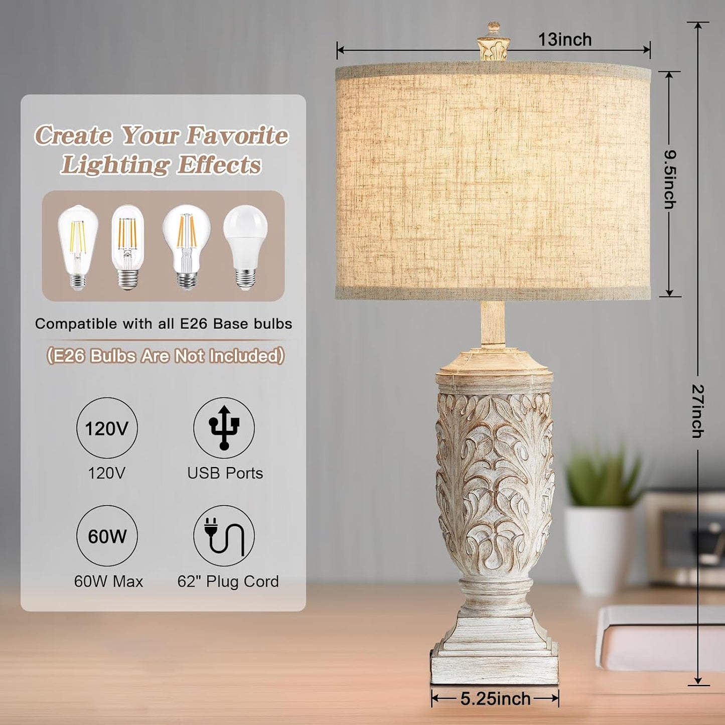 2 Lámparas Mesa Rústicas 27.5pulg USB Resina Blanca