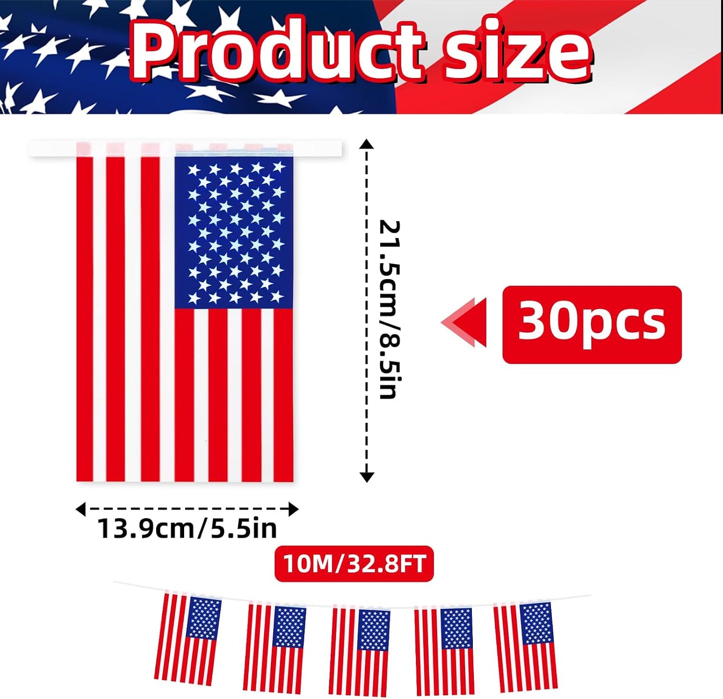 Banderines 30 mini cuerda 32.8ft rojos blancos azules 4 de Julio