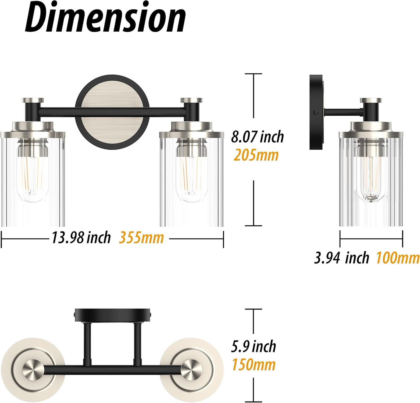 Lámpara baño negro níquel cepillado pantalla vidrio 2 luces